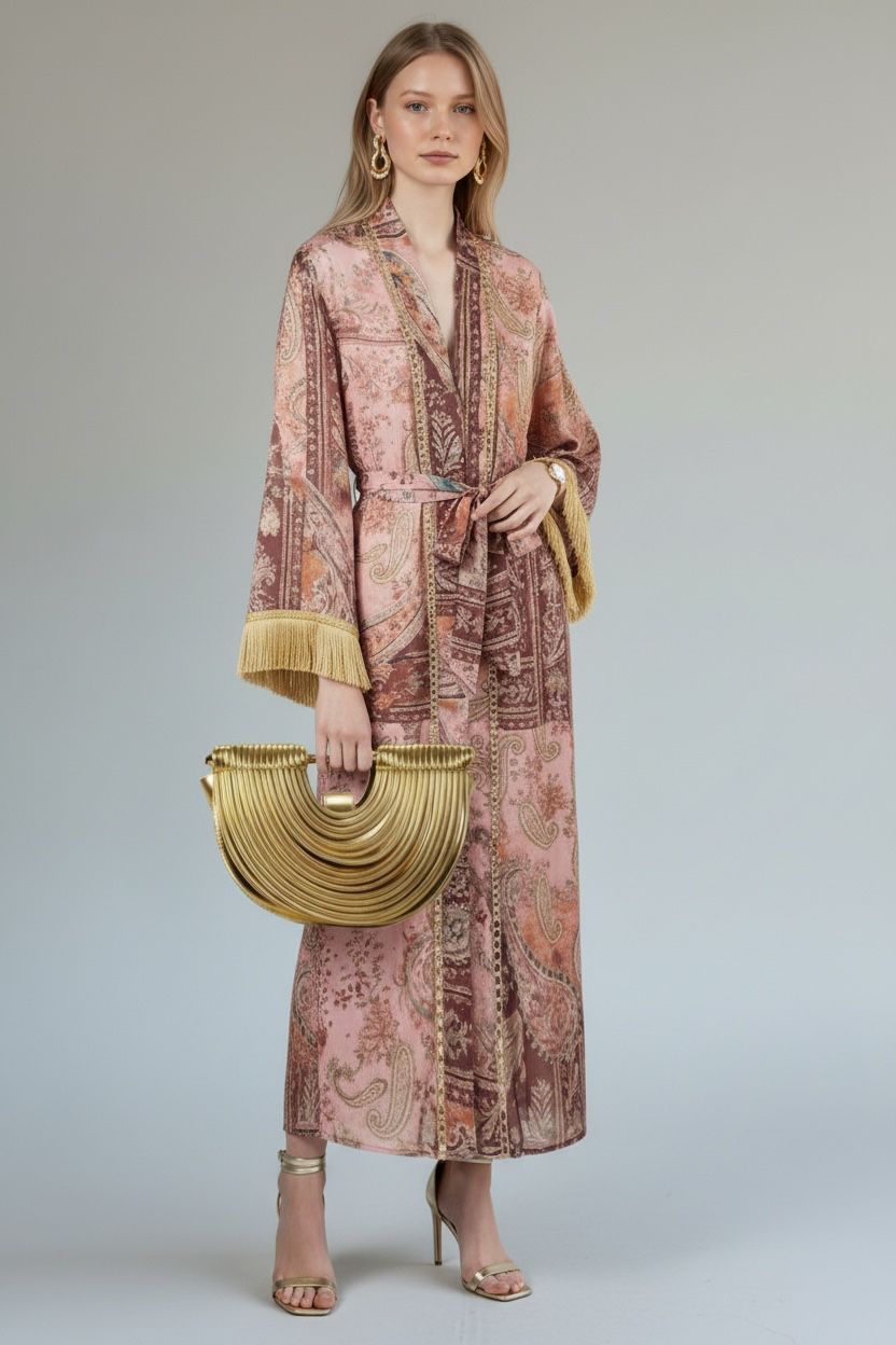 Sofya Özel Tasarım Etnik Şal Desen Şifon Kimono - Gold Püsküllü Kuşaklı kimono Davet Elbisesi