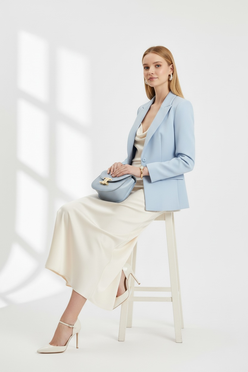 Julienne Bebe Mavisi Kadın Blazer Ceket – Kruvaze Belden Oturtmalı Klasik Şık Ceket