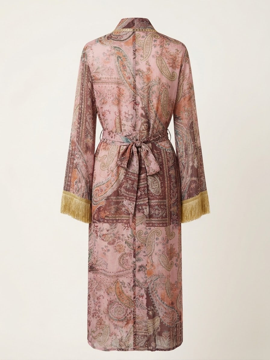 Sofya Özel Tasarım Etnik Şal Desen Şifon Kimono - Gold Püsküllü Kuşaklı kimono Davet Elbisesi