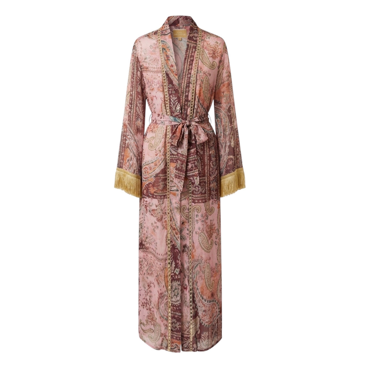 Sofya Özel Tasarım Etnik Şal Desen Şifon Kimono - Gold Püsküllü Kuşaklı kimono Davet Elbisesi