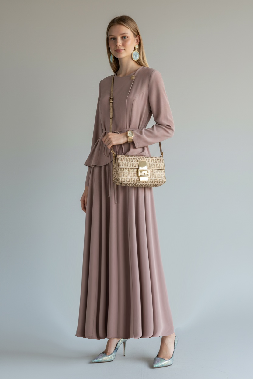Sümeyra Vizon Peplum Etekli Takım - İnce Bağlamalı Kuşaklı Broşlu İkili Takım