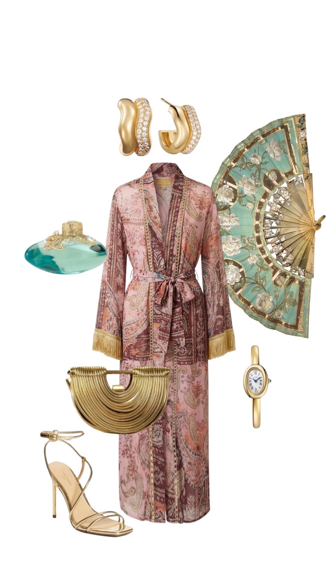Sofya Özel Tasarım Etnik Şal Desen Şifon Kimono - Gold Püsküllü Kuşaklı kimono Davet Elbisesi