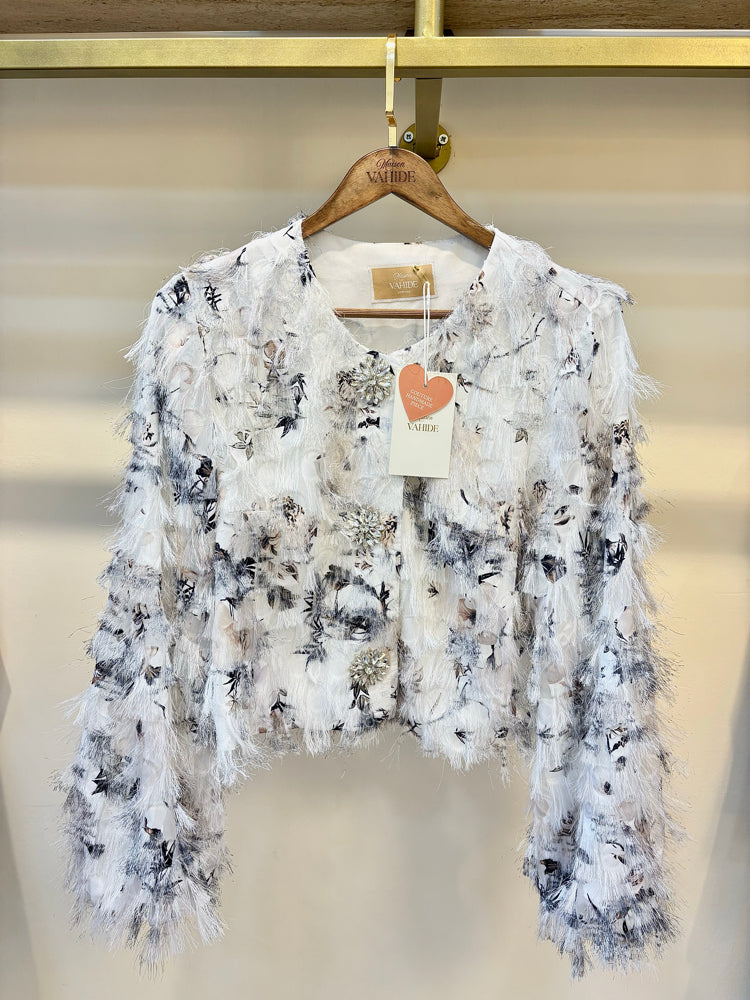 Limited Edition Saçaklı taşlı beyaz Couture Tasarım Ceket
