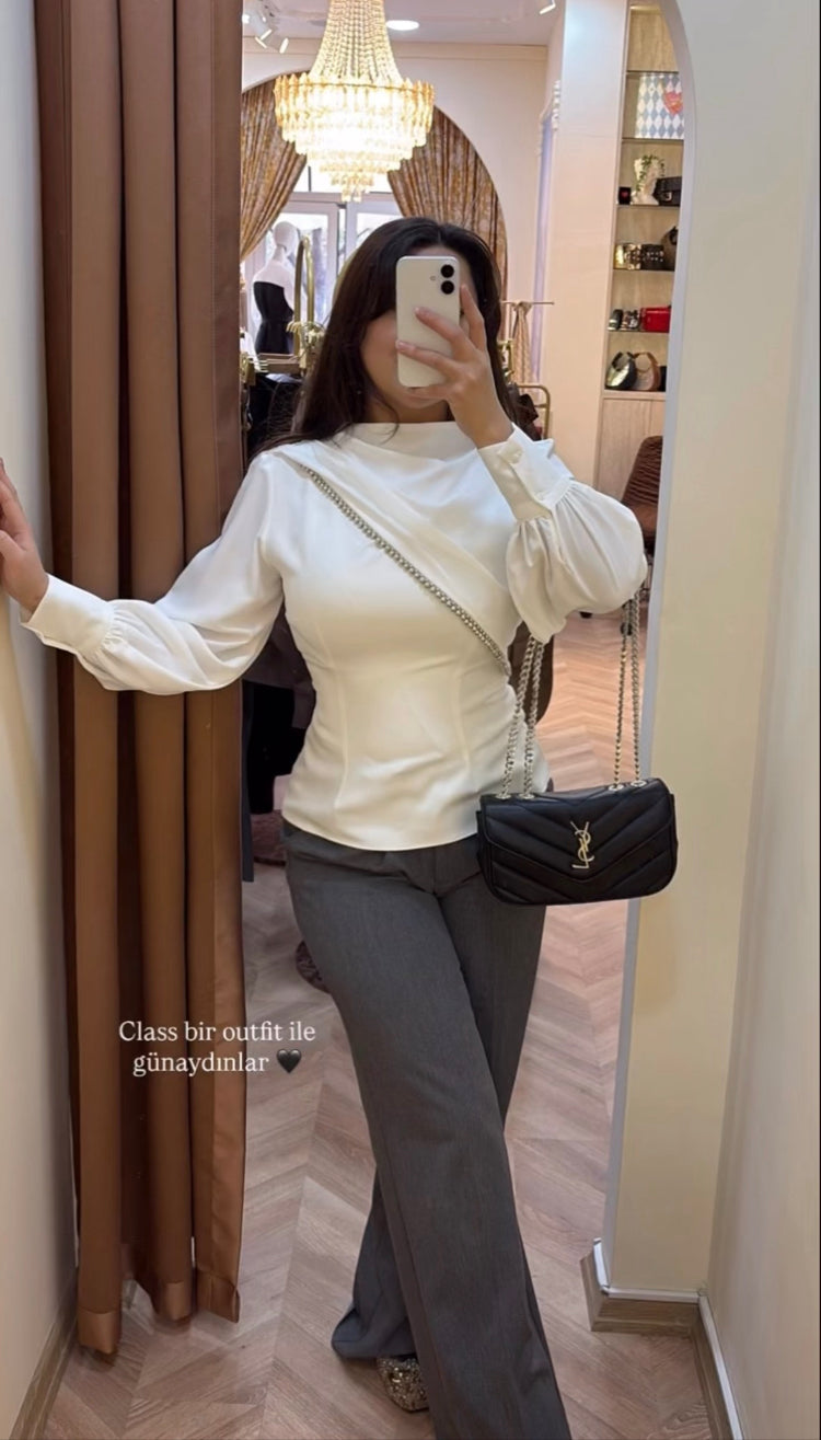 Luxury Koleksiyonu gümüş Boncuk Şeritli Pensli Bluz