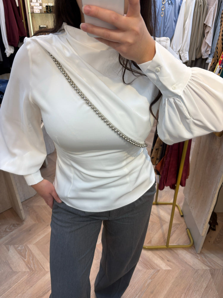 Luxury Koleksiyonu gümüş Boncuk Şeritli Pensli Bluz